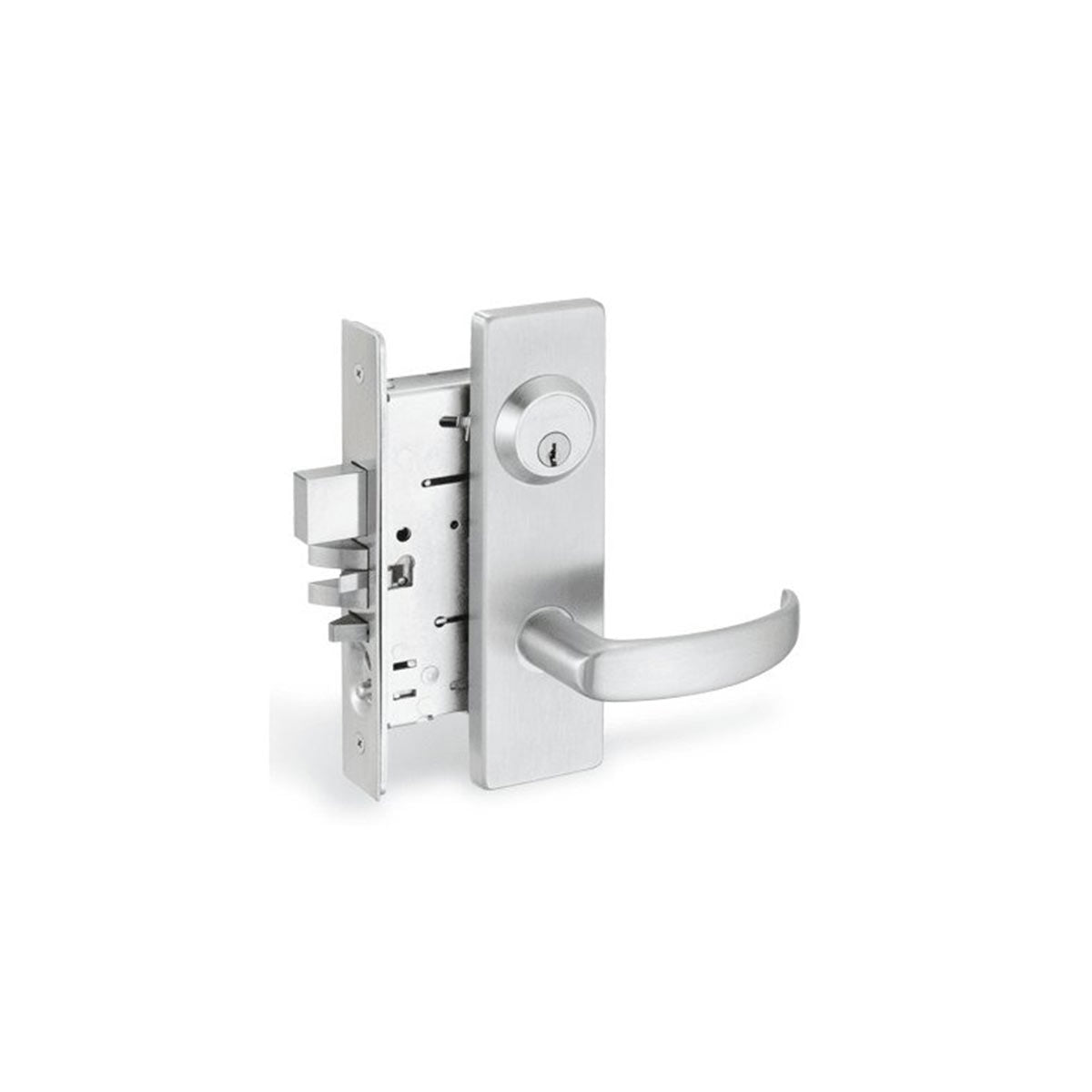 Falcon MA Series SFIC Office Button Lockout Keyed Entry Mortise Lock Set with Dane Lever and Gala Rose