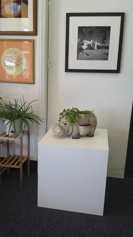 Hippopotamus planter on white laminate cube table