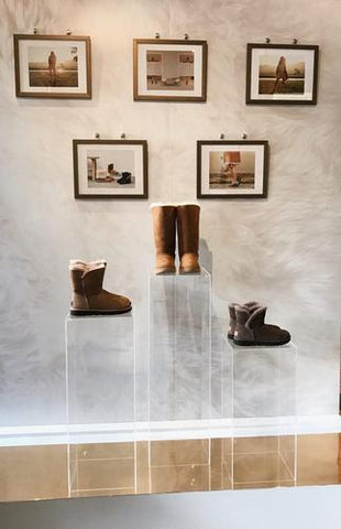 Ugg's iconic boots on our acrylic waterfall pedestals