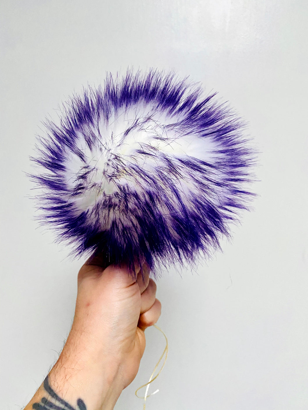 MADE TO ORDER Fun and funky white with purple tip faux fur pom pom with wooden button