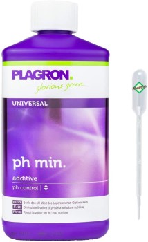 Der Plagron pH- Minus ist ein pH-Senker, mit dem der pH-Wert des Wassers auf den ideale Wert von 5,5 bis 6,5 gesenkt werden kann. Nur eine Nährstofflösung mit einem optimalen pH-Wert gewährleistet, dass die Pflanze den Dünger im richtigen Verhältnis absorbiert.