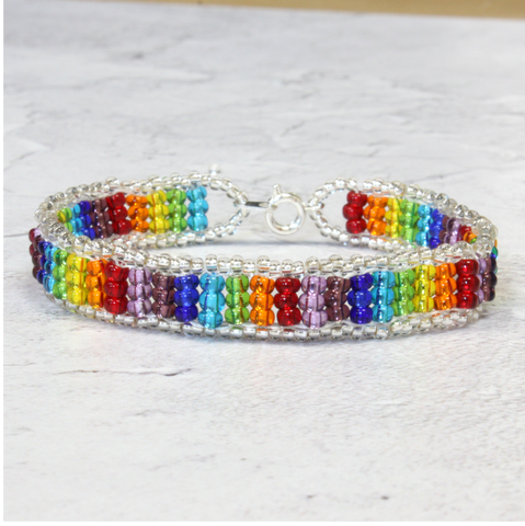 silver BEAD bracelet with RAINBOW beads with grey thread  Rikkeline