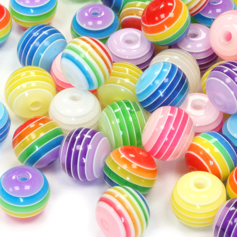 Opaque Mix 8mm Drum Resin Beads - White Stripes (100pcs)