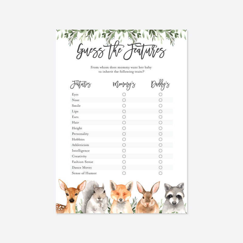 Forest Animals Baby Shower Guess The Features Game Printable