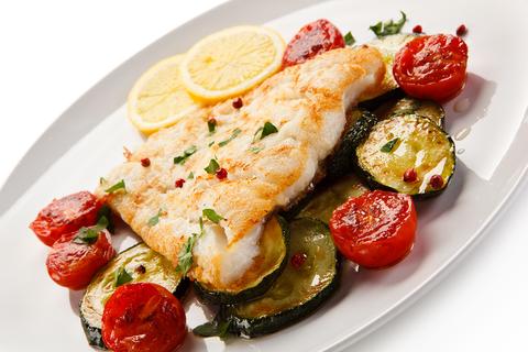 Cod Steak with Courgette and Tomato Bake