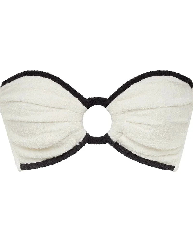 Cream Black Binded Terry Rib Tori Ties Bandeau Bikini Top and Lulu Bikini Bottom Set