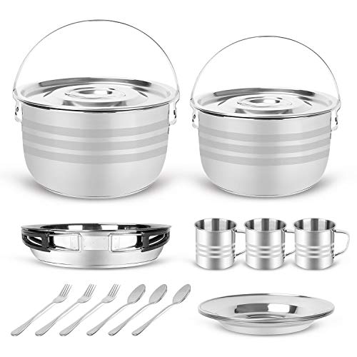Odoland 15pcs Camping Cookware Mess Kit, Non-Stick Lightweight Pot Pan  Kettle Set with Stainless Steel Cups Plates Forks Knives Spoons for  Camping