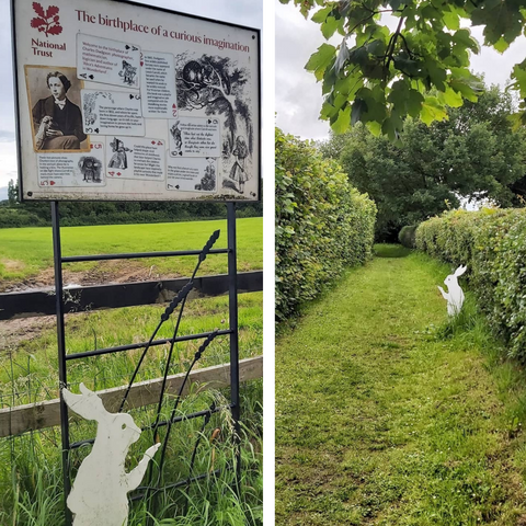 Information sign and pretty trail with wooden white rabbit leading to Daresbury Parsonage