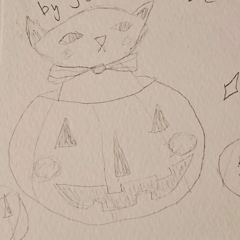 A pencil drawing of a cat sitting in a jack-o-lantern