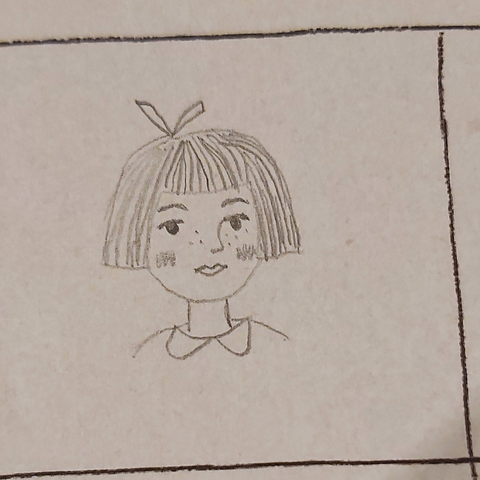 A pencil drawing of a vintage style girl with a bob and a bow in her hair