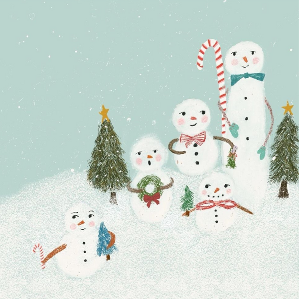 a digital drawing of a group of vintage style snowmen