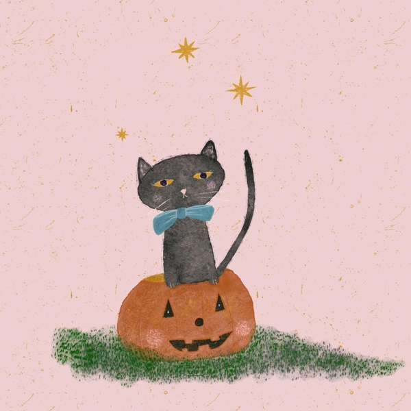 a vintage style digital drawing of a black cat sitting in a jack-o-lantern against a light pink background