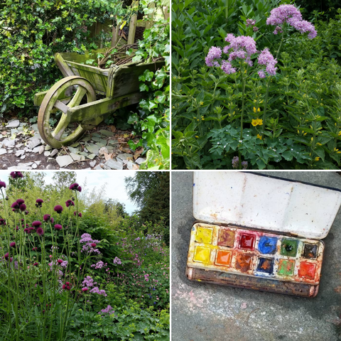 flowers, a decorative wooden wheelbarrow, and open tin of watercolour paints in Beatrix Potter's Hill Top garden
