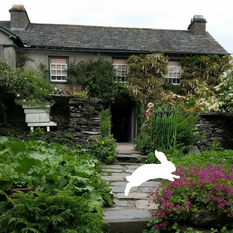 Beatrix Potter's house and front garden at Hill Top in Cumbria (with a white bunny sticker jumping across a pathway in the garden)