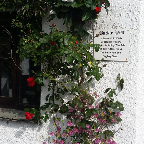 Close up of sign on Buckle Yeat Guest House that claims it was featured in various Beatrix Potter books