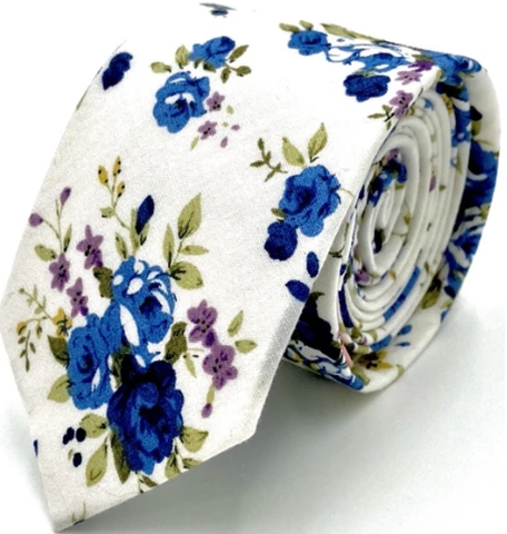 White and blue floral tie | Ty's Tiess where ties are made for life's biggest moments