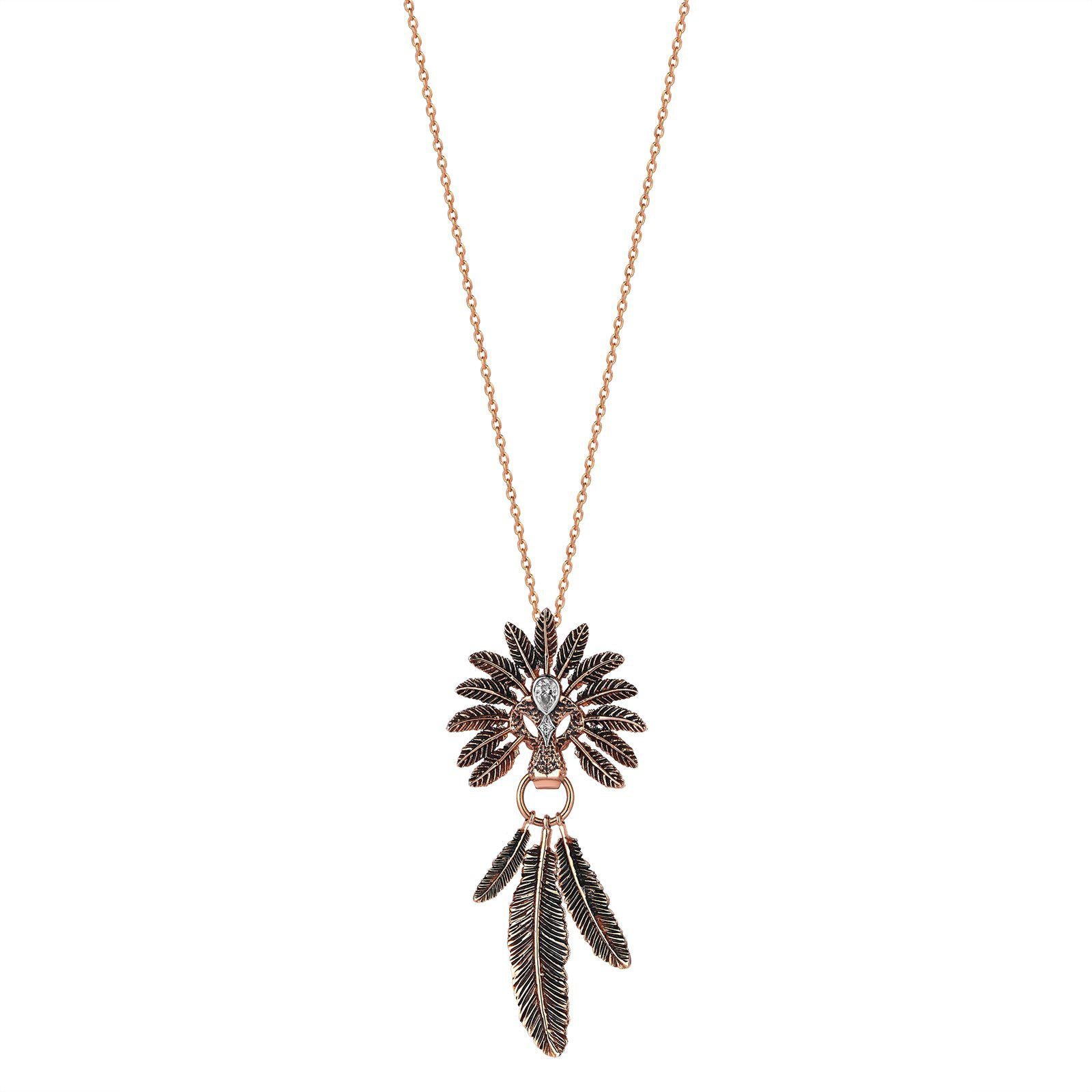 Bronze Feather Necklace with Swarovski Crystals in Blue Green
