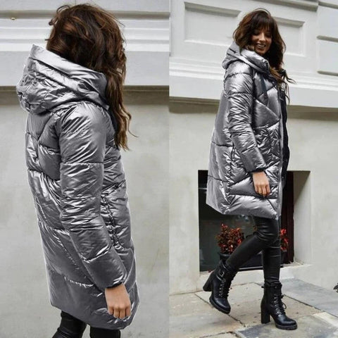błyszcząca długa kurtka zimowa dla kobiet