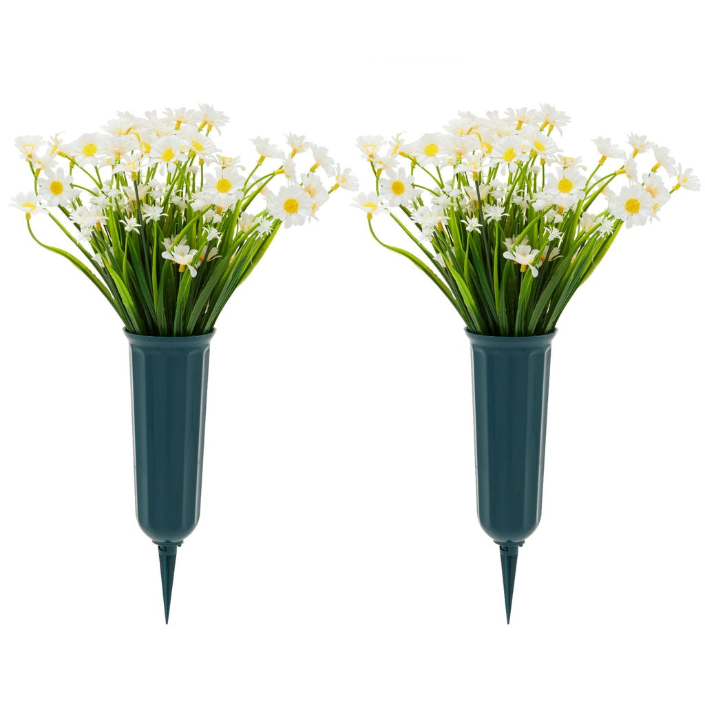 Yellow Artificial Flowers for Cemetery with 2 Cone Vases, Small Bouquets  for Grave Decorations (8.6 x 13 Inches, 6 Bundles)