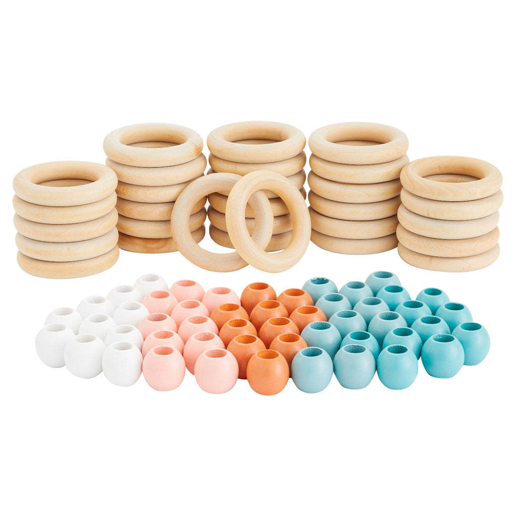 Bright Creations 80 Pcs Unfinished Oval Wood Beads and Round Wooden Rings for Macrame Supplies, DIY Crafts