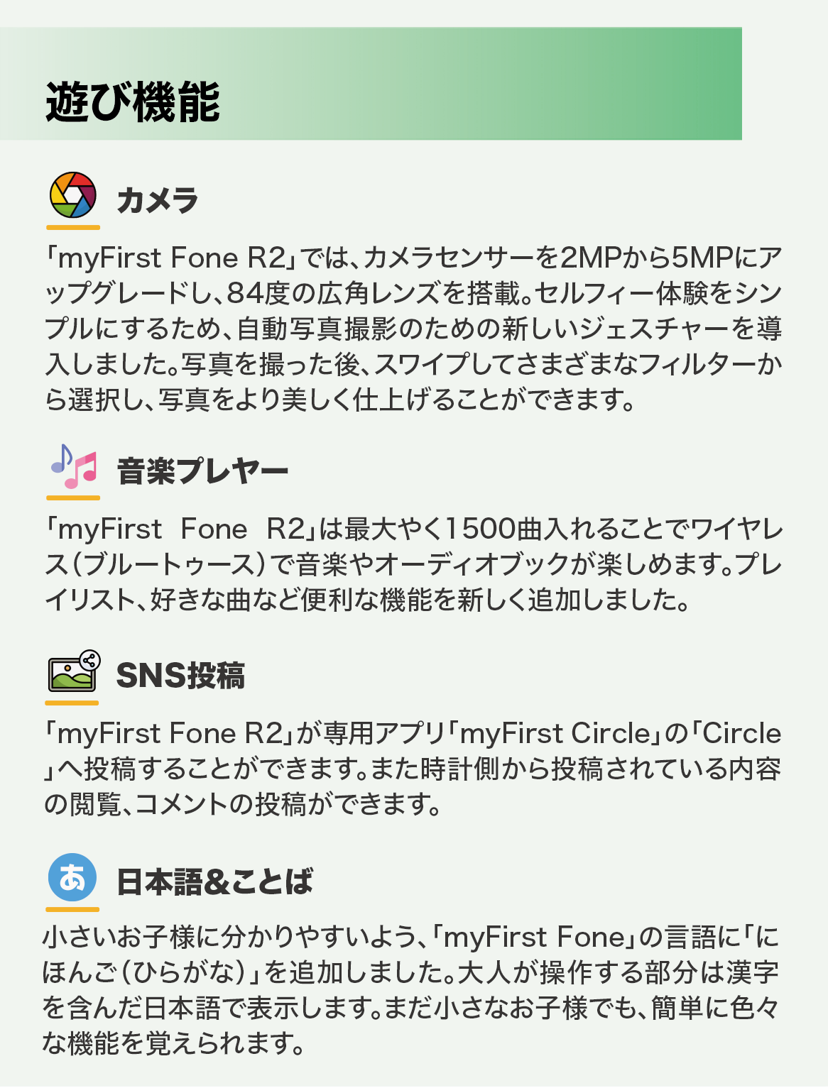 myFirst Fone R2　カメラ-音楽プレヤーSNS投稿-日本語＆ことば-スタイリッシュな時計の文字盤-交換可能なストラップ