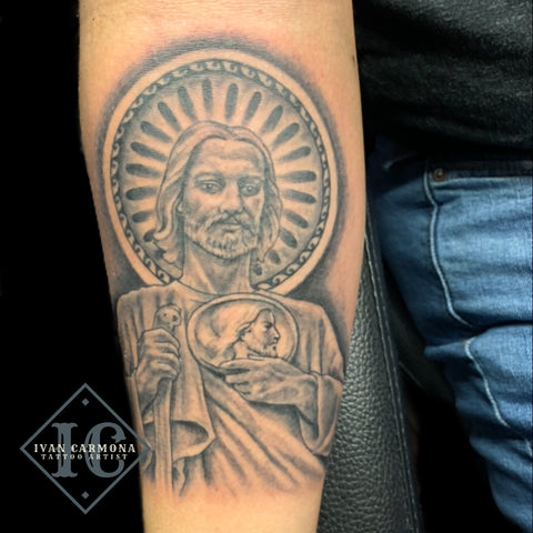 St Jude illustrative color leg tattoo  David Meek Tattoos
