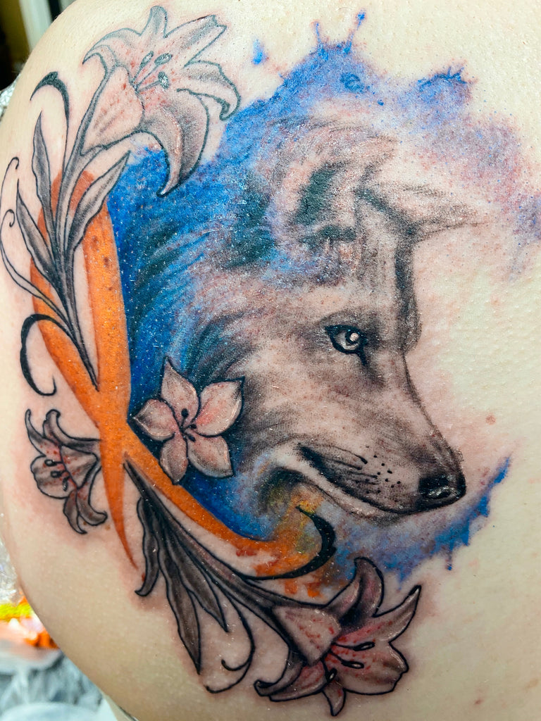 Wolf Watercolor MS Ribbon Lillies  Starry Eyed Tattoos and Body Art Studio