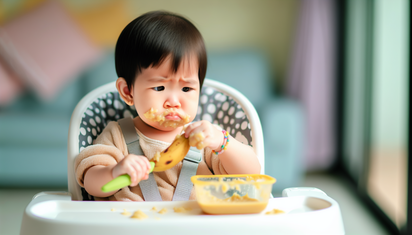 Baby in a high chair learning to eat with a puzzled expression, messy with food.