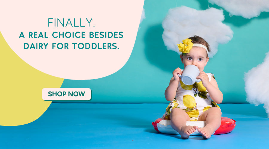 Adorable toddler in a fruit-themed outfit sitting against a blue background, happily drinking from a cup, with fluffy white clouds overhead and a 'Shop Now' call to action for non-dairy toddler products.