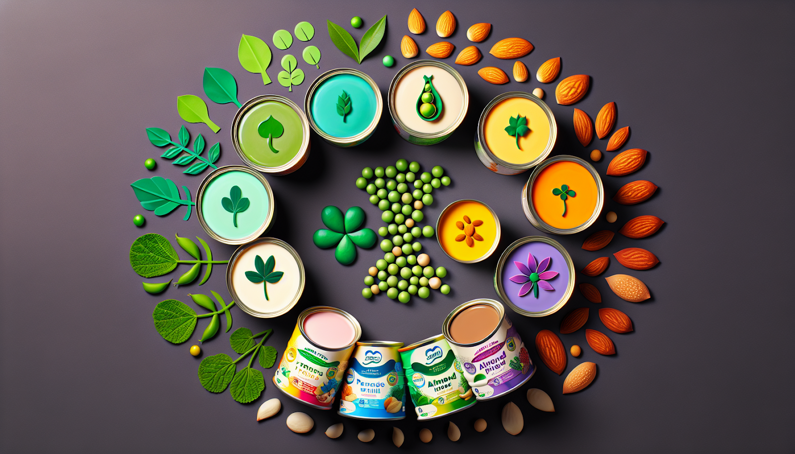 Creative display of plant-based milk products surrounded by ingredients like almonds and peas, arranged in a colorful pattern on a dark background