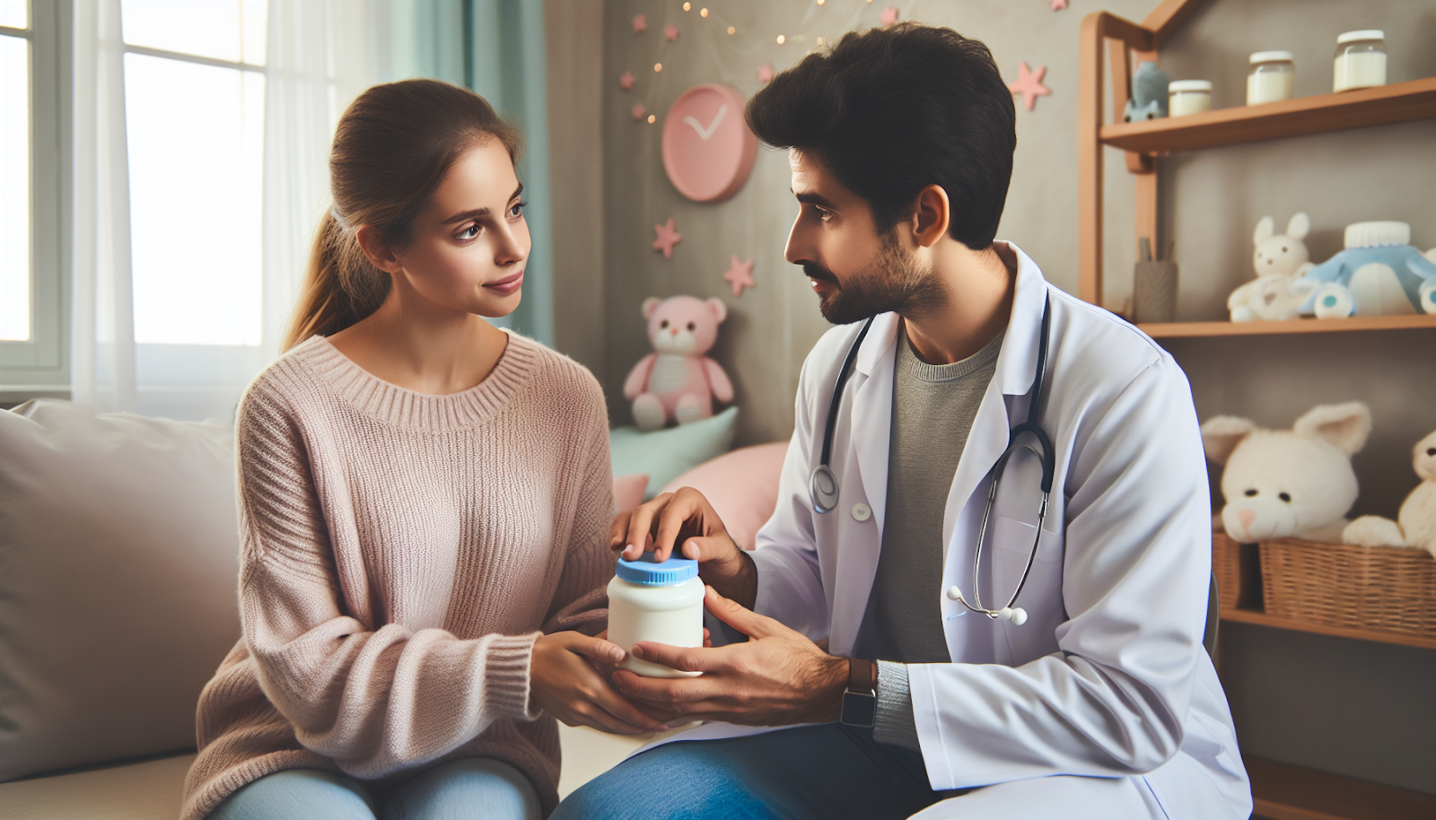 A woman sits attentively as a healthcare professional, identifiable by his white coat and stethoscope, hands her a jar of dairy-free formula in a cozy, child-friendly room decorated with stuffed toys