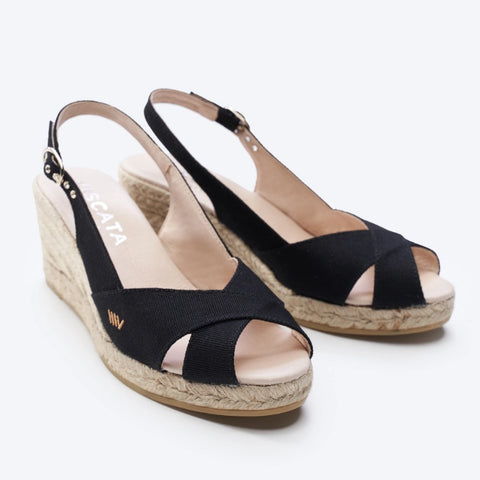 black canvas wedge sandals