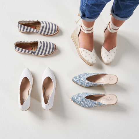 New patterns collection. Daisy, ocean waves, sailor stripes, Swiss embroidery espadrille wedges. Handmade in Spain.