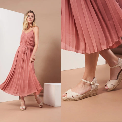 blonde woman wearing beige espadrille sandals and rose pink maxi dress