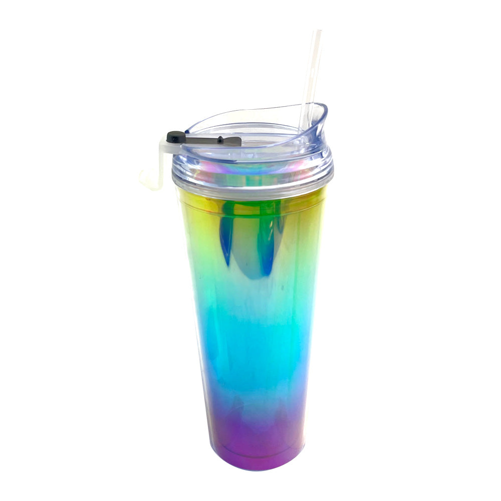 Vaso de cristal azul con luz LED de 16 onzas con tapa y popote