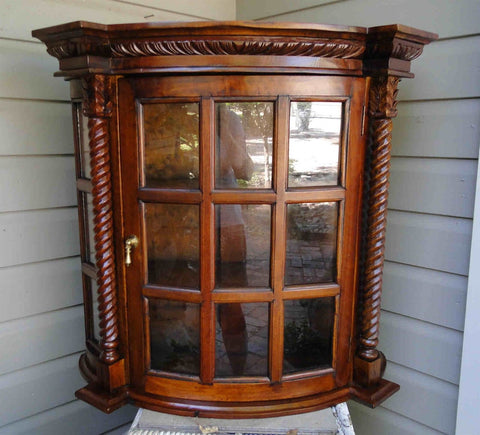 English Country Curve Front Barley Twist Mahogany Hanging Wall Curio C