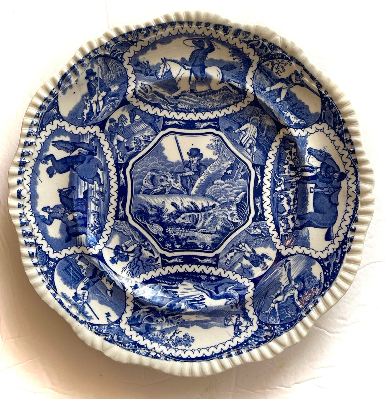 Antique Spode Copeland Blue Transferware English Hunt Scene Plate Dogs