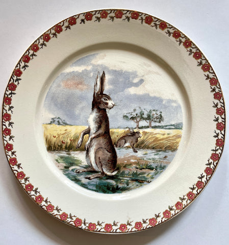 Antique Sarreguemines Standing Rabbit in Field / Stream Transferware Plate with Floral border