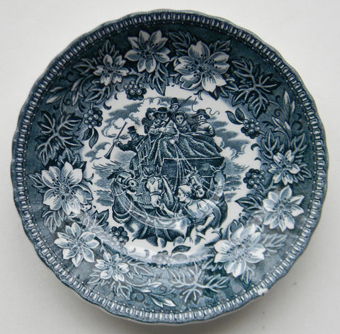Vintage Teal Blue Transferware Saucer Plate Horses English Stagecoach
