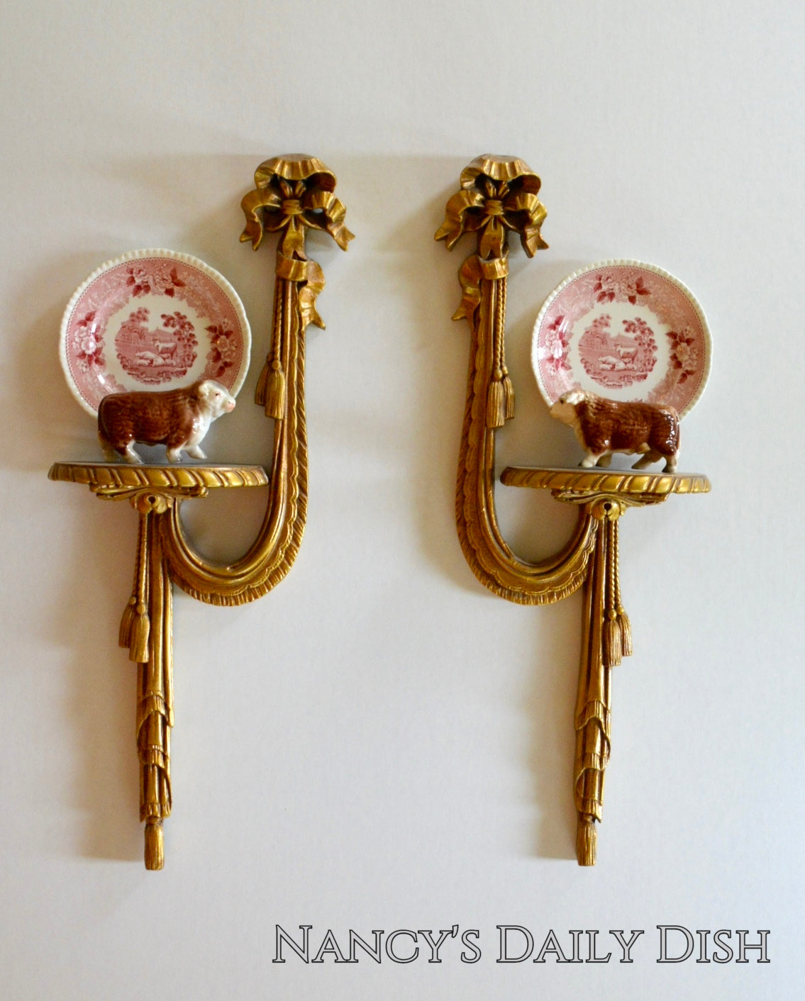 Vintage Pair Left Right Swagged Ribbon Wall Sconce Shelf Gilt Gold O