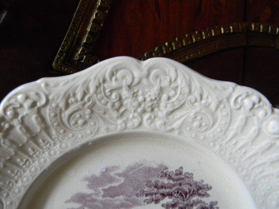 Antique Purple Aubergine English Transferware Plate Embossed Border Ro 4951