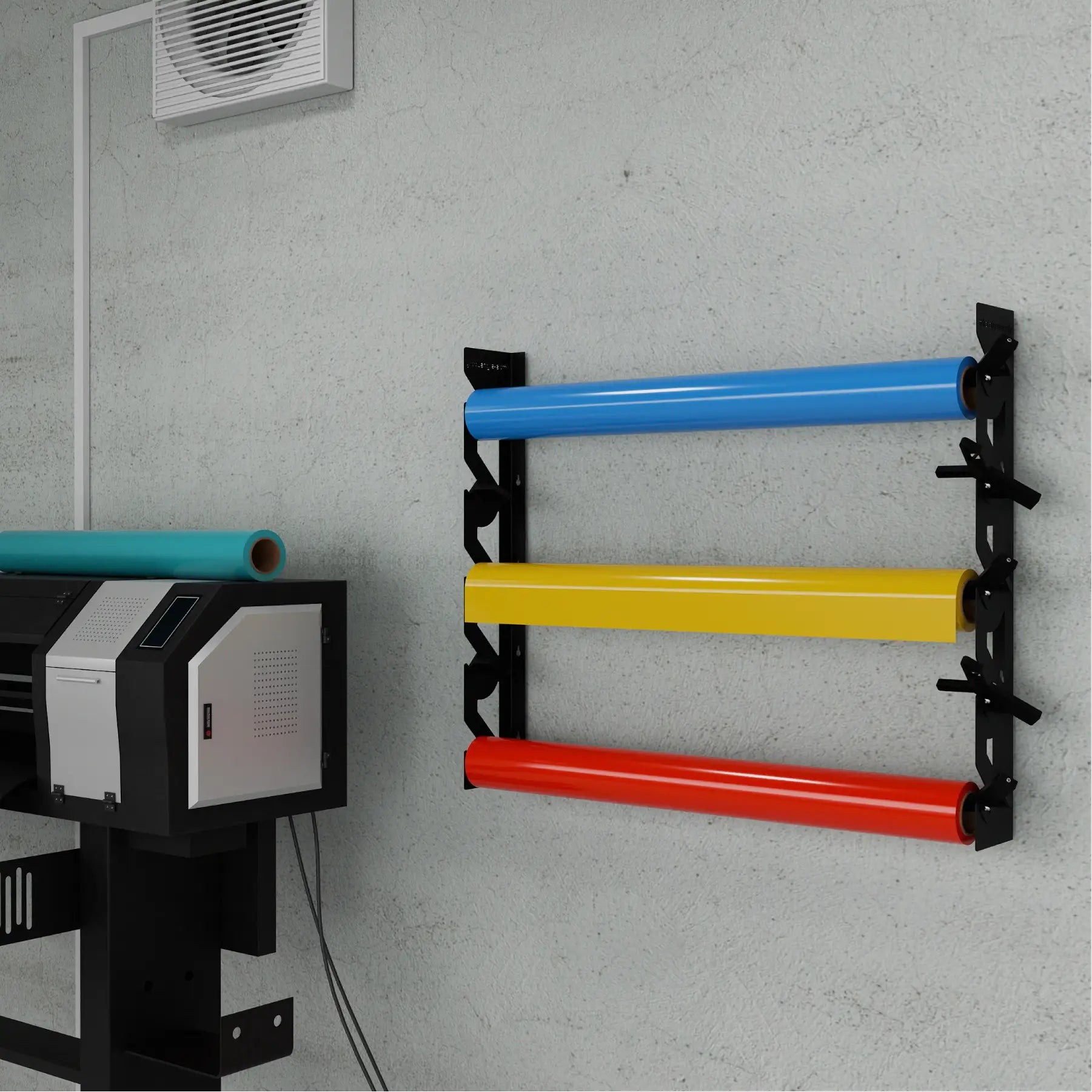 Black Aluminum Wall Mounted Vinyl Roll Storage Rack with Black V-Bracket ABS Plastic Swivel Arm – Holds 5 Vinyl Rolls, Space-Saving Organizer for Studios & Print Shops