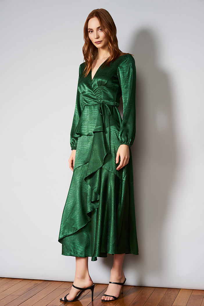 emerald satin wrap dress