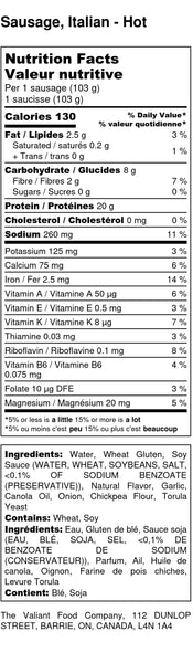 Vegan Hot Sausage Nutritional Information