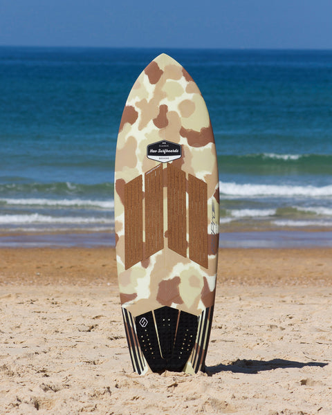 Camo Hav Surfboards at the beach with RSPro Front Deck Grip