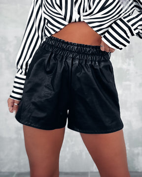 Perfect Timing Smocked Waist Leather Shorts - Black