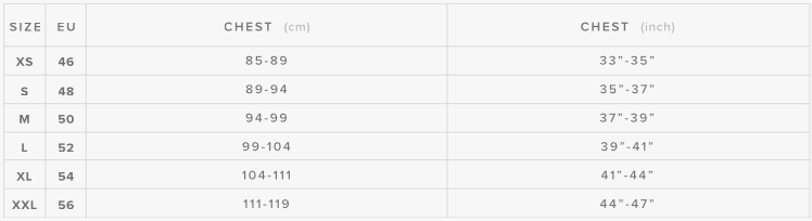 Mystic Vest Size Chart