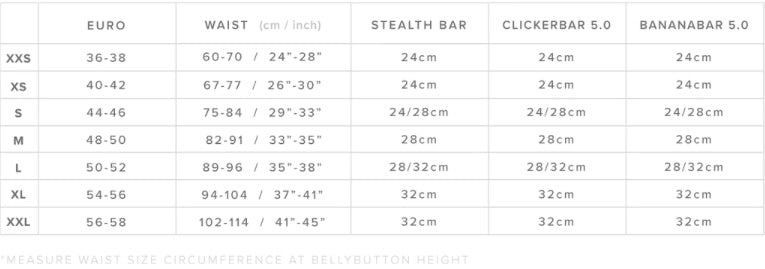 Mystic Stealth Harness Size Chart