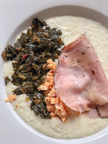 Grits and Greens breakfast with pimento cheese from the Table Farm Bakery in Asheboro