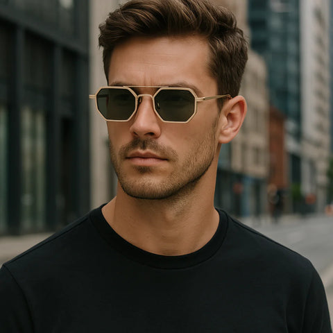 Commando V1 rectangle sunglasses with gold frame and green lenses for a bold, stylish look